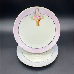 Antique Luncheon Plates Hand Painted Pink Cabbage Rose Purple Plate Wall Bavaria